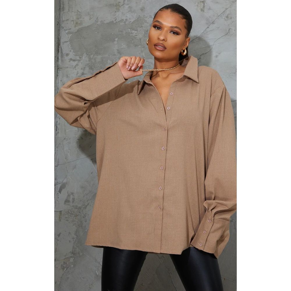 Prettylittlething linen look MOCHA OVERSIZED CUFF SHIRT us 8 - Picture 1 of 4